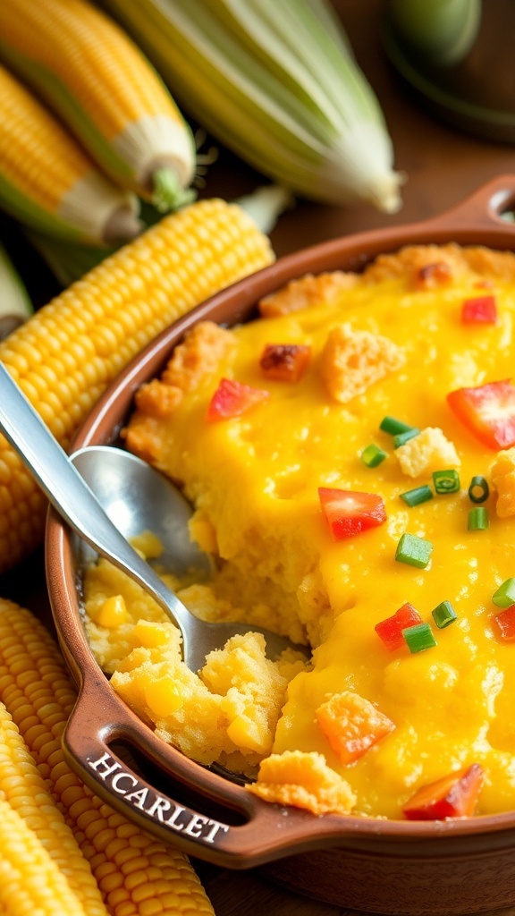 A golden brown corn pudding casserole in a rustic dish, garnished with green onions, surrounded by fresh corn.